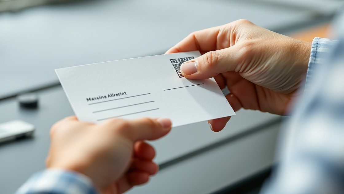 When to Rush Three Day Turnaround Postcard Orders And When to Slow Down: a hand preparing a postcard with address-side details and indicia area visible.