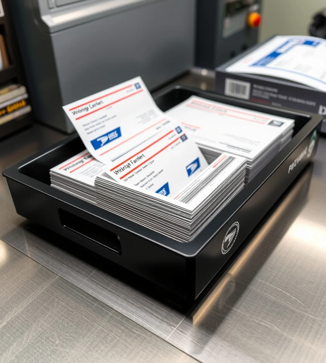 When to Rush Three Day Turnaround Postcard Orders And When to Slow Down: a USPS tray holding postcard mail pieces at a counter.