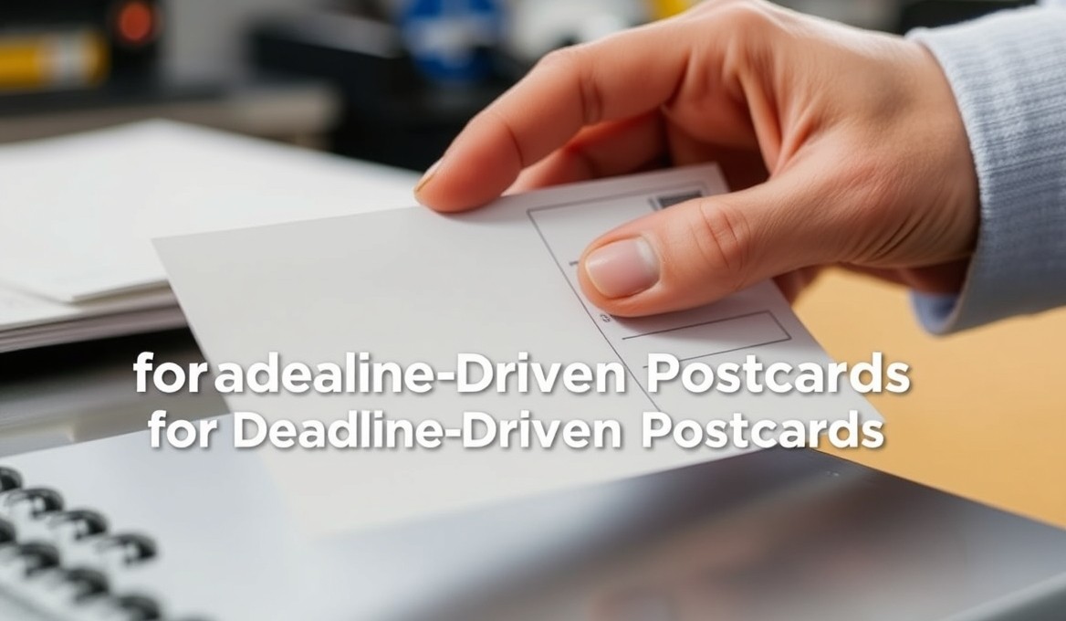 Standard Vs Rush Postcard Printing: The Turnaround Guide for Deadline Driven Postcards: a hand preparing a postcard with address-side details and indicia area visible.