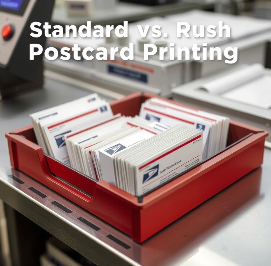 Standard Vs Rush Postcard Printing: The Turnaround Guide for Deadline Driven Postcards: a USPS tray holding postcard mail pieces at a counter.