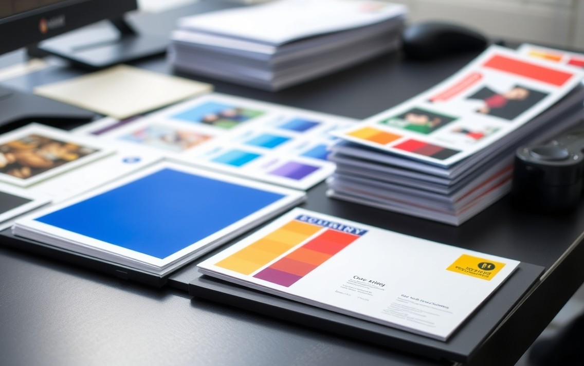 How to Plan Production Cutoff Times For Postcards Without Missing a Drop Date: a color-matching review with swatches and postcard proofs on a desk.