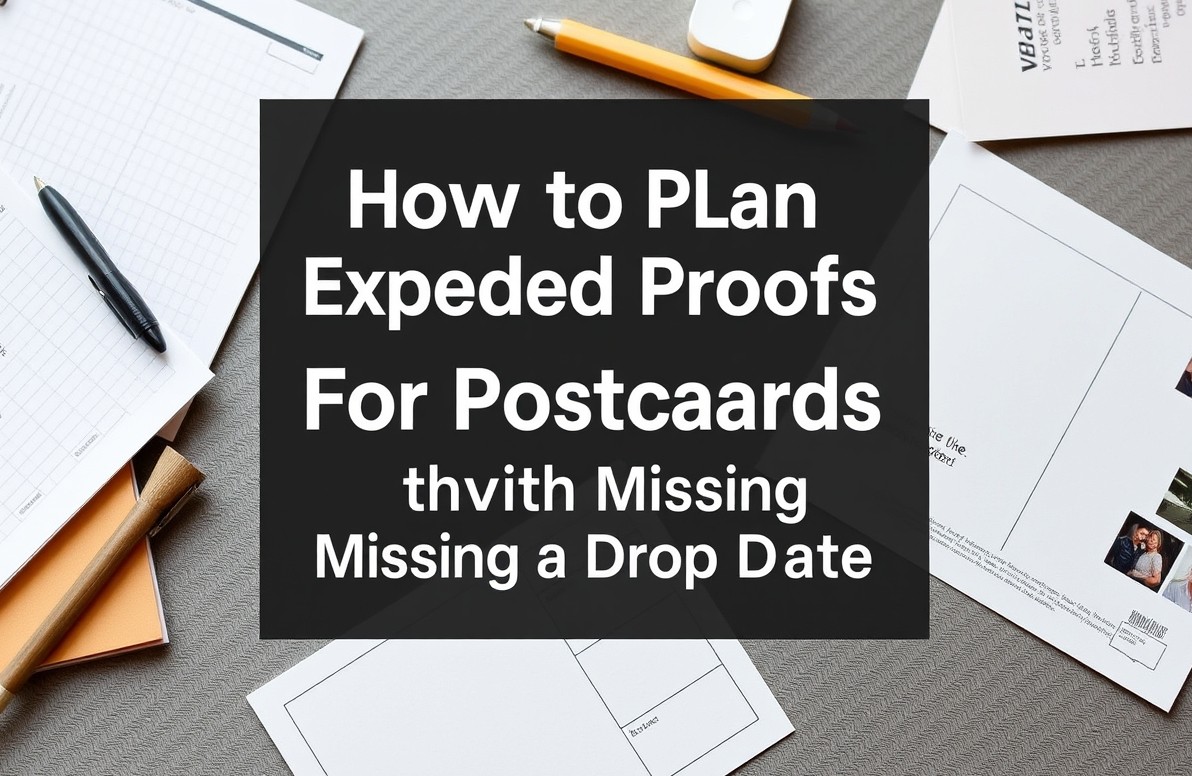 How to Plan Expedited Proofs For Postcards Without Missing a Drop Date: a reprint-prevention scene with notes, proofs, and a finished postcard.
