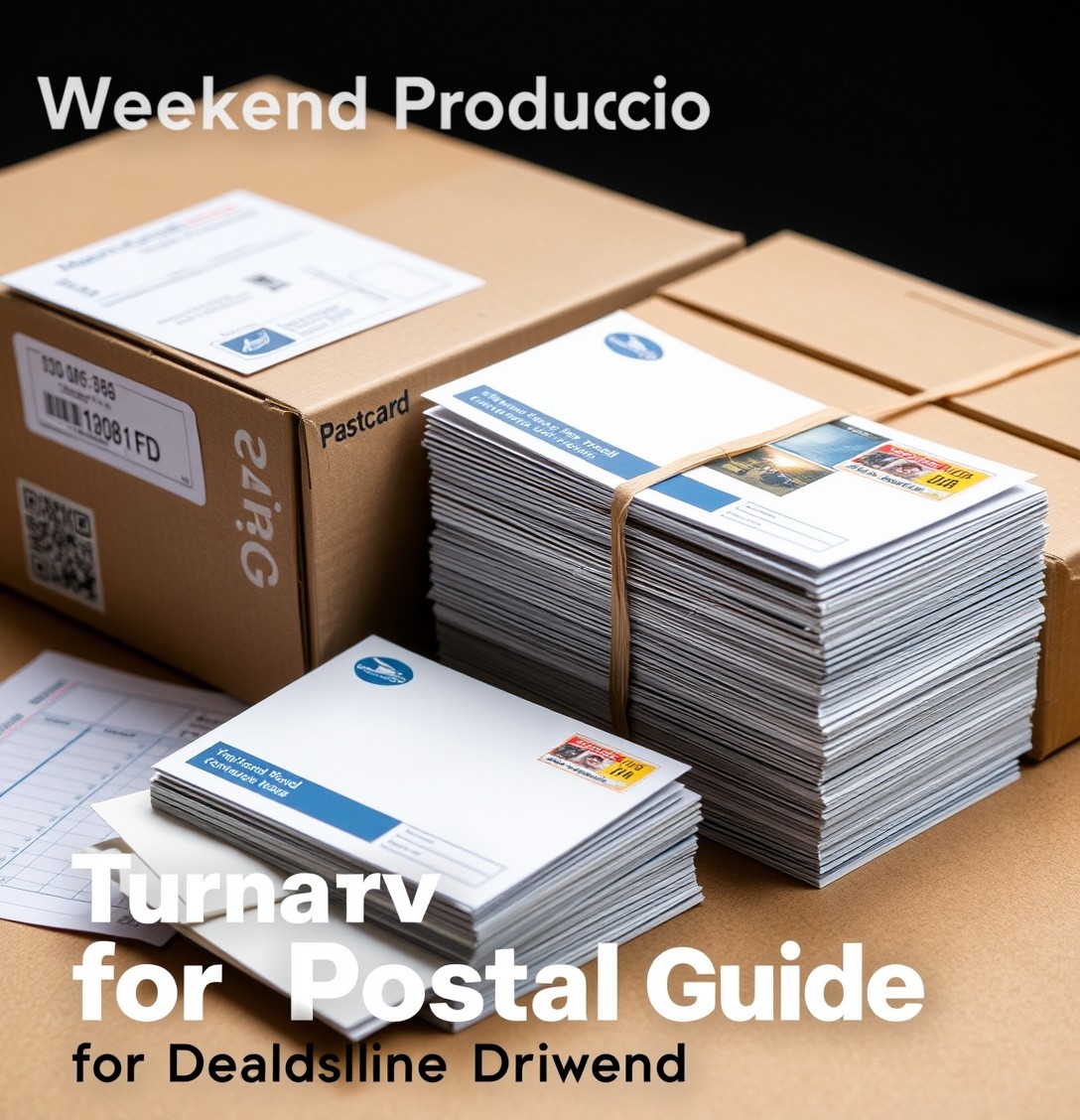 Weekend Production Policies For Postcards: The Turnaround Guide for Deadline Driven Postcards: a stack of postcards bundled for mailing beside a shipping box and postal forms.