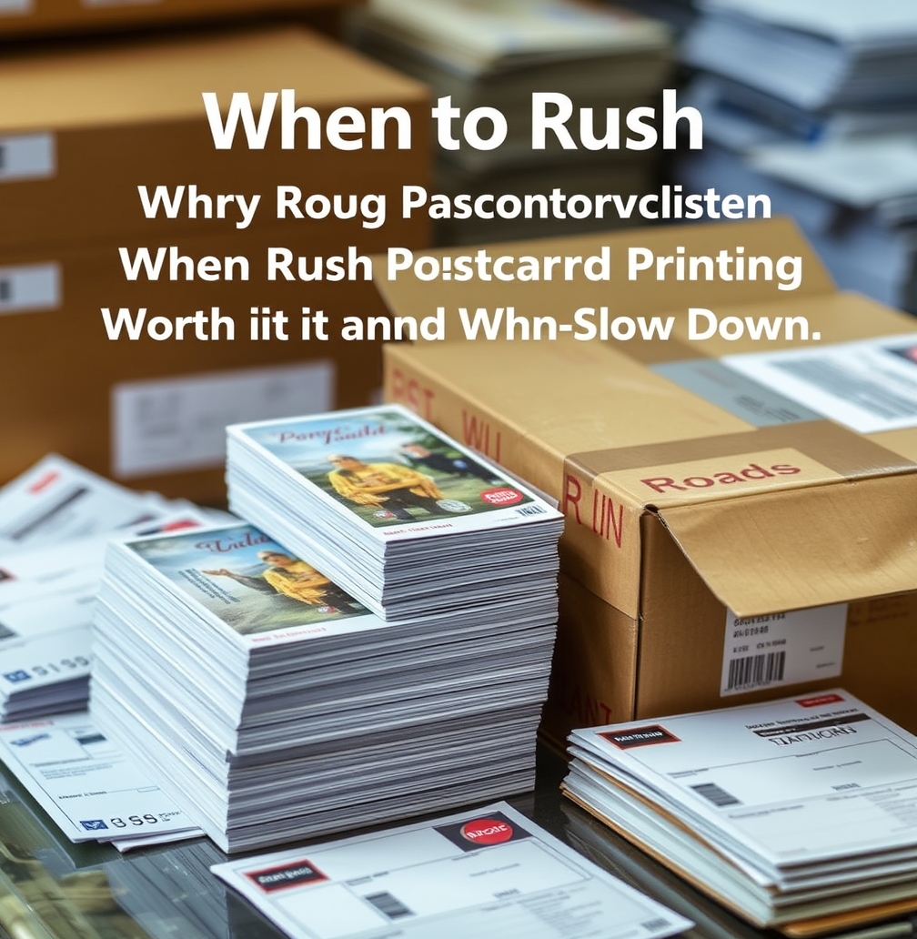 When to Rush When Rush Postcard Printing Is Worth It And When to Slow Down: a stack of postcards bundled for mailing beside a shipping box and postal forms.