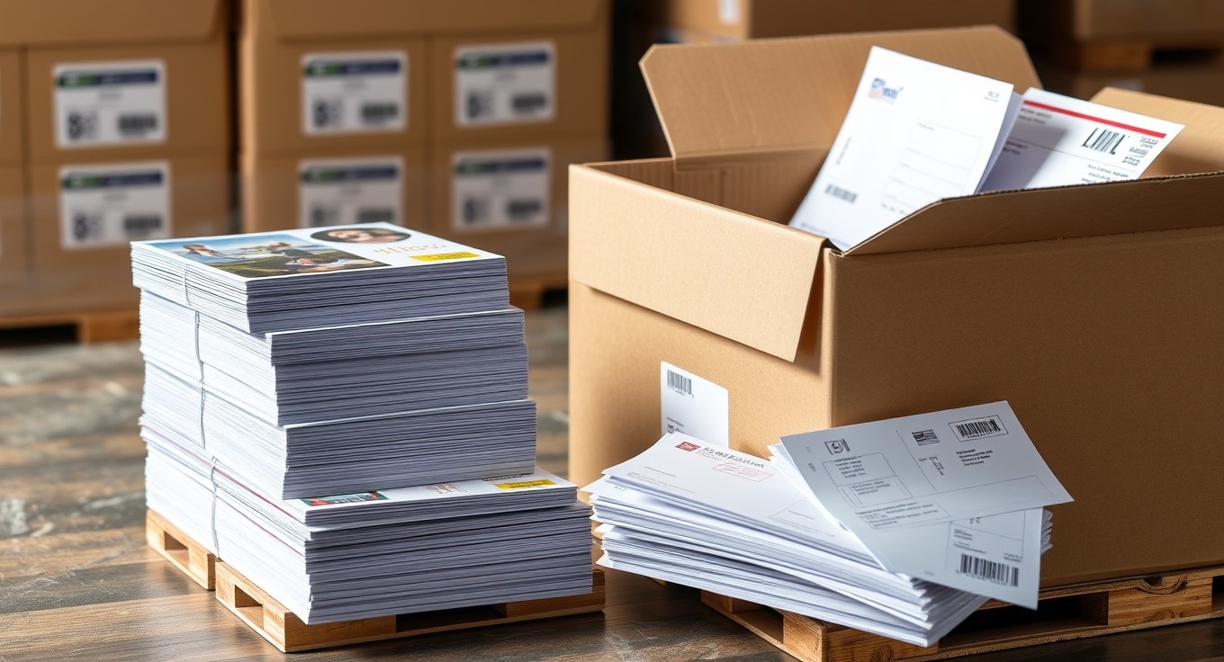 How to Plan Pallet Shipping Large Postcard Orders Without Missing a Drop Date: a stack of postcards bundled for mailing beside a shipping box and postal forms.
