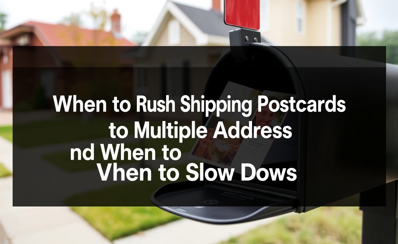 When to Rush Shipping Postcards To Multiple Addresses And When to Slow Down: a postcard going into a residential mailbox with a neighborhood background.