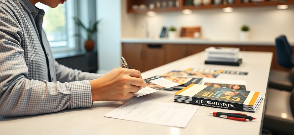 Just In Time Event Delivery For Postcards: The Turnaround Guide for Deadline Driven Postcards: a event planner reviewing postcard samples on a clean counter with local campaign notes.