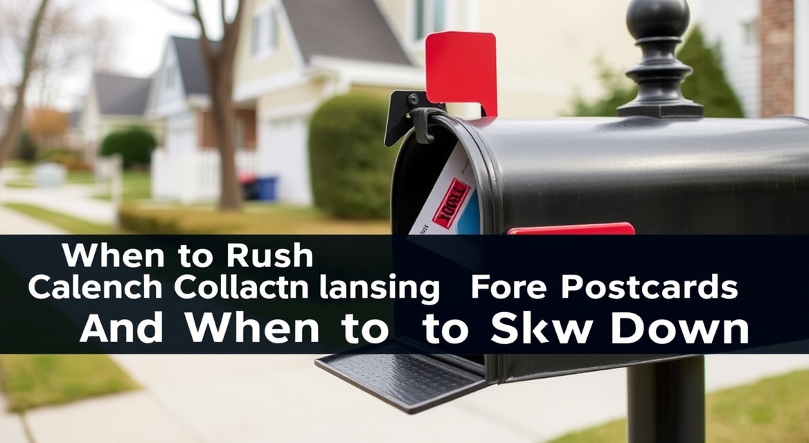 When to Rush Launch Calendar Planning For Postcards And When to Slow Down: a postcard going into a residential mailbox with a neighborhood background.