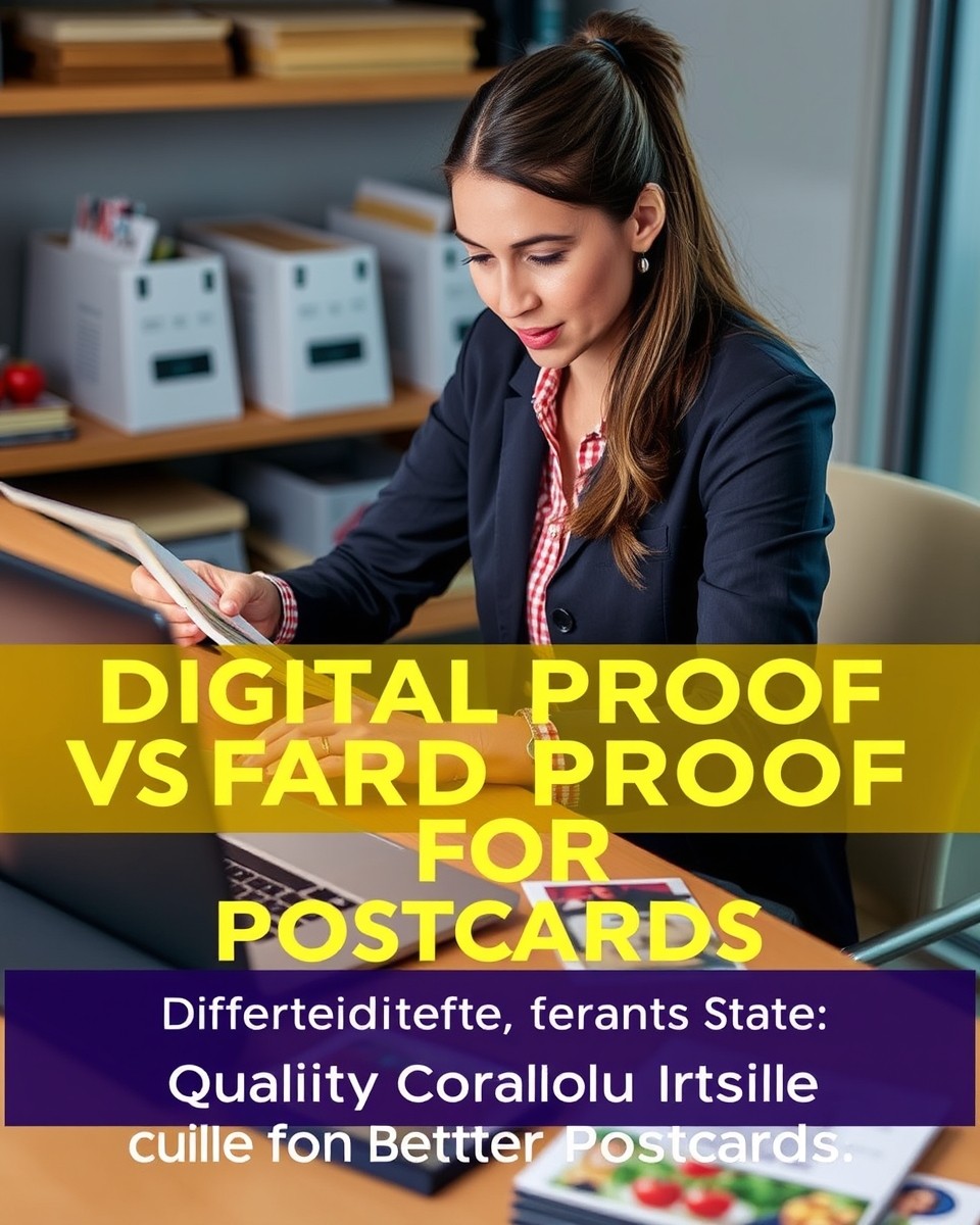 Digital Proof Vs Hard Proof For Postcards: The Quality Control Guide for Better Postcards: a event planner planning a direct mail postcard at a workstation with a laptop and sample cards.