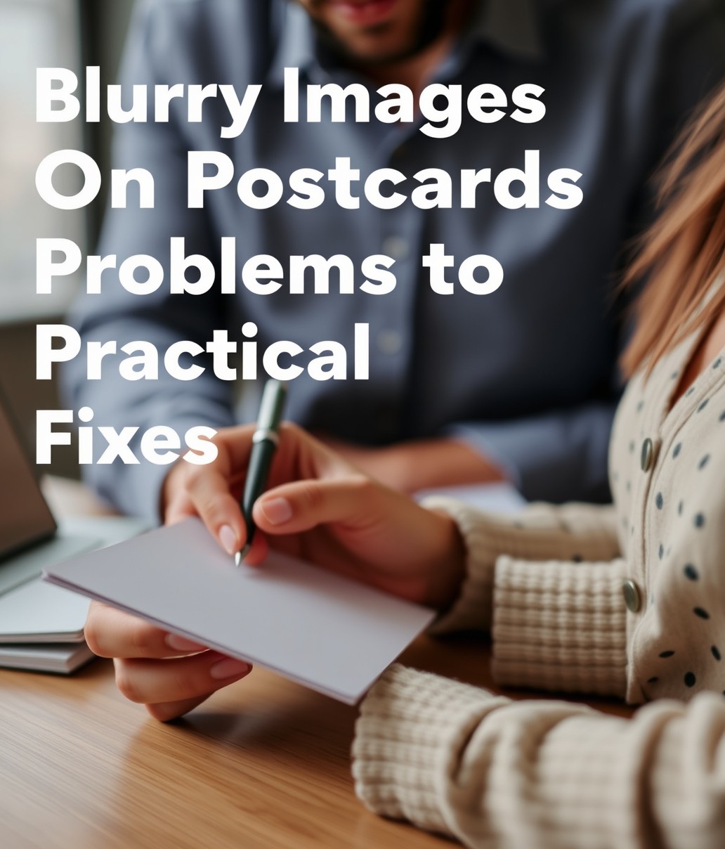 Blurry Images On Postcards Problems Explained With Practical Fixes: a event planner checking a postcard mockup with a pen and paper notes.