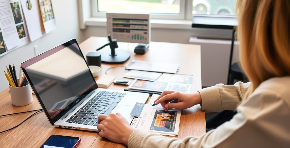 Fixing Banding And Streaks On Postcards Before It Ruins a Postcard Order: a event planner planning a direct mail postcard at a workstation with a laptop and sample cards.