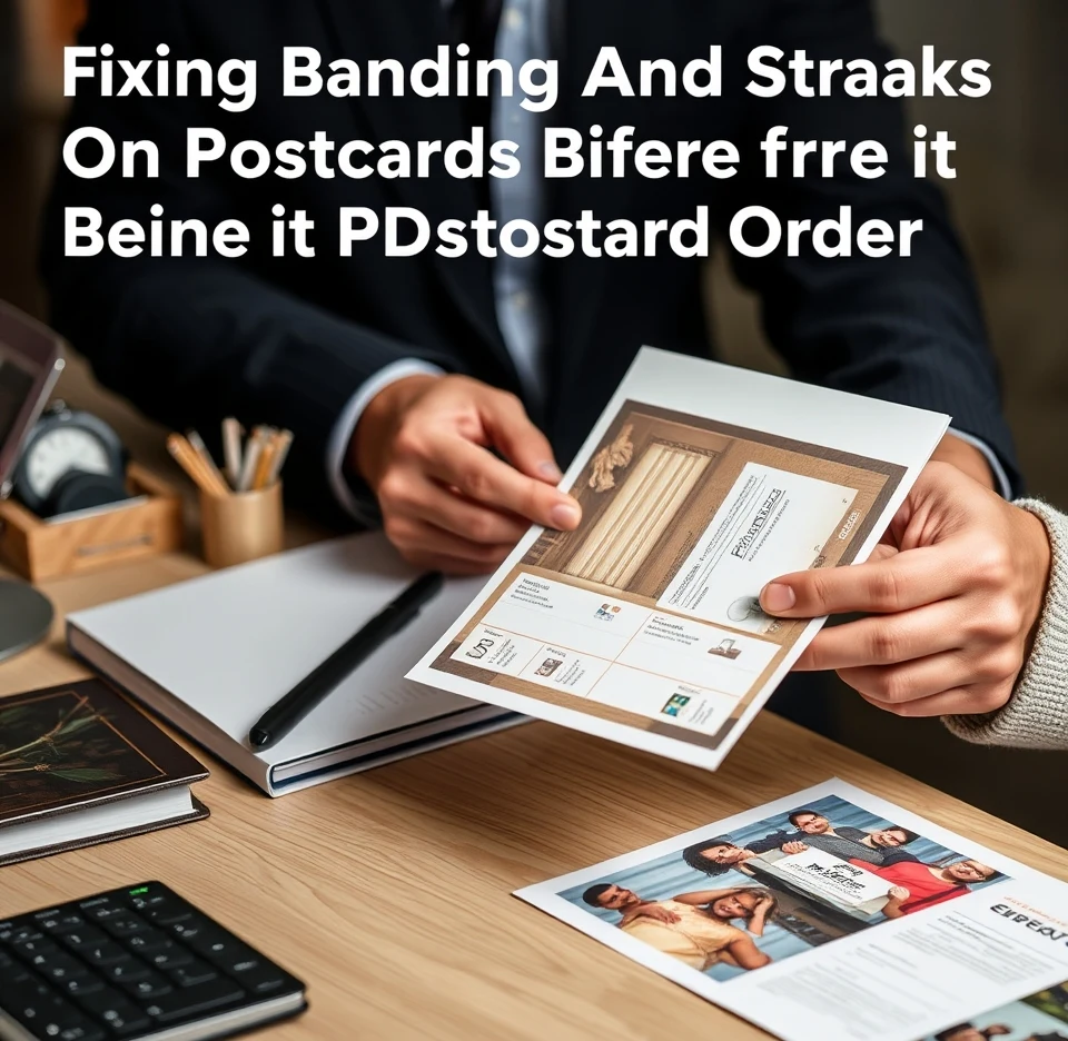 Fixing Banding And Streaks On Postcards Before It Ruins a Postcard Order: a event planner holding a postcard proof beside relevant business props on a desk.