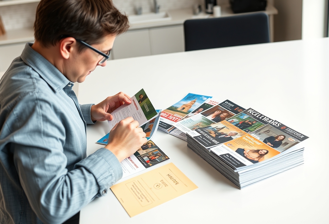 Cracked Coating On Postcards Problems Explained With Practical Fixes: a event planner reviewing postcard samples on a clean counter with local campaign notes.