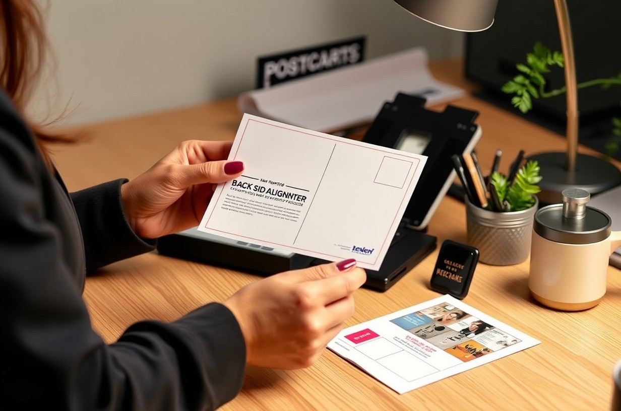 Back Side Alignment Errors On Postcards: The Quality Control Guide for Better Postcards: a event planner holding a postcard proof beside relevant business props on a desk.