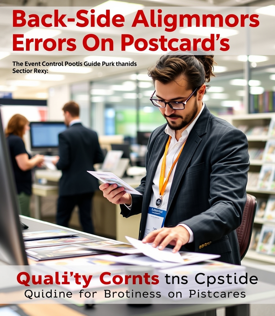 Back Side Alignment Errors On Postcards: The Quality Control Guide for Better Postcards: a event planner arranging postcard samples near the business setting.