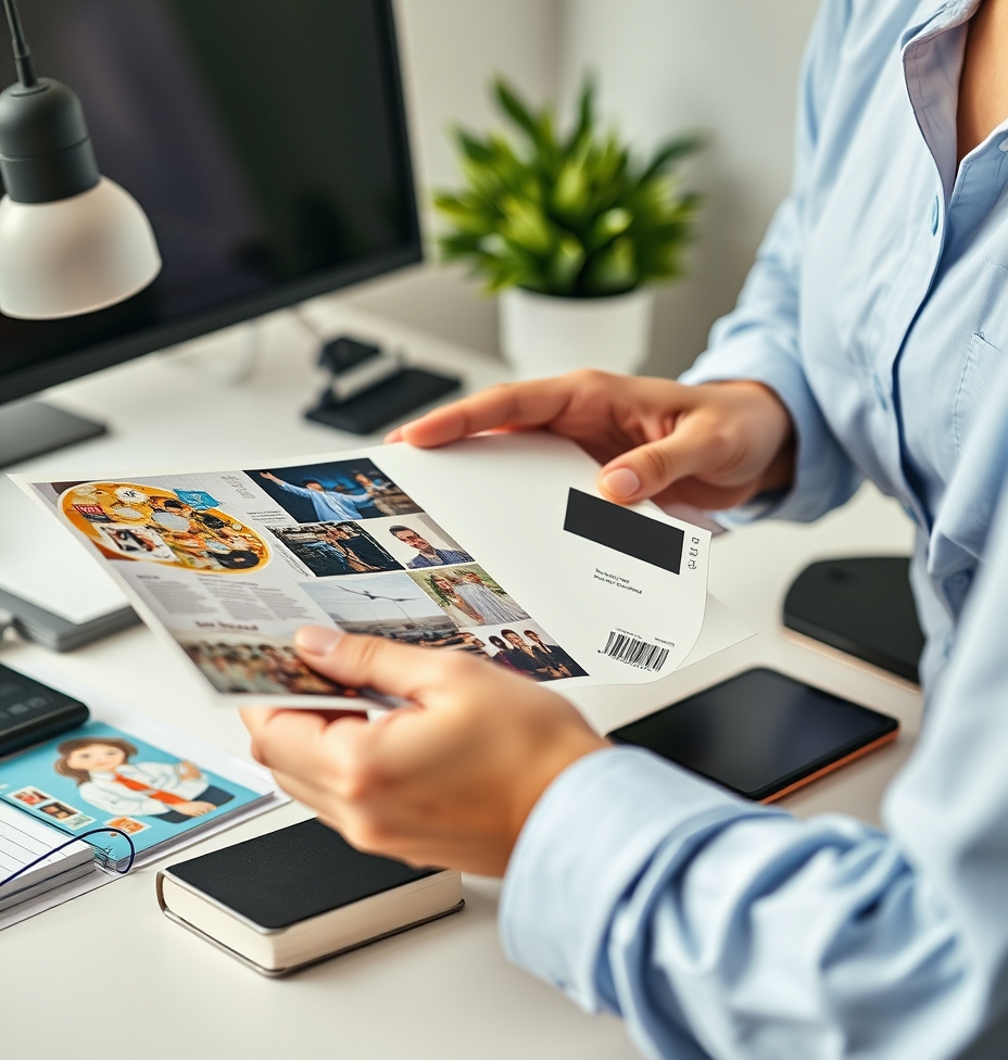 Color Drift Across Reorders Of Postcards Problems Explained With Practical Fixes: a event planner holding a postcard proof beside relevant business props on a desk.
