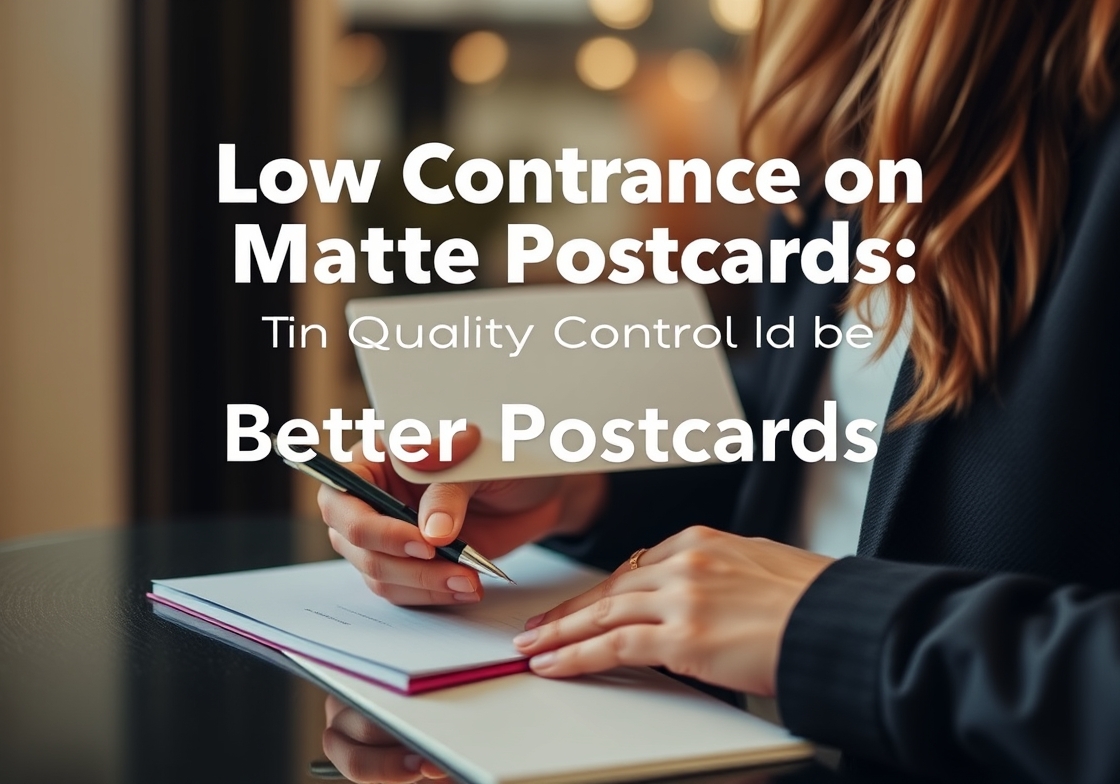 Low Contrast On Matte Postcards: The Quality Control Guide for Better Postcards: a event planner checking a postcard mockup with a pen and paper notes.