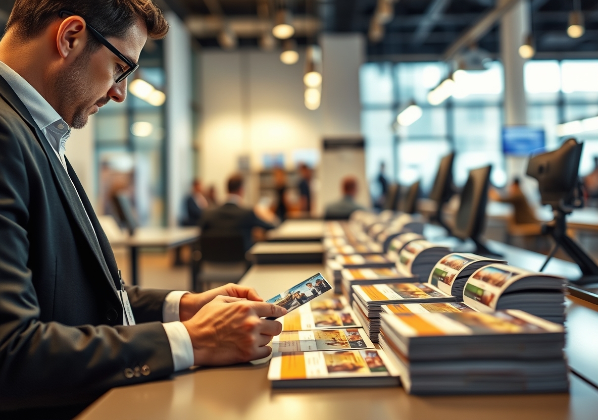 Fixing Dark Photos On Printed Postcards Before It Ruins a Postcard Order: a event planner arranging postcard samples near the business setting.