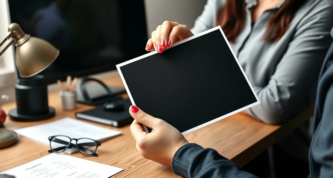 Over Inked Black Backgrounds On Postcards Problems Explained With Practical Fixes: a event planner holding a postcard proof beside relevant business props on a desk.