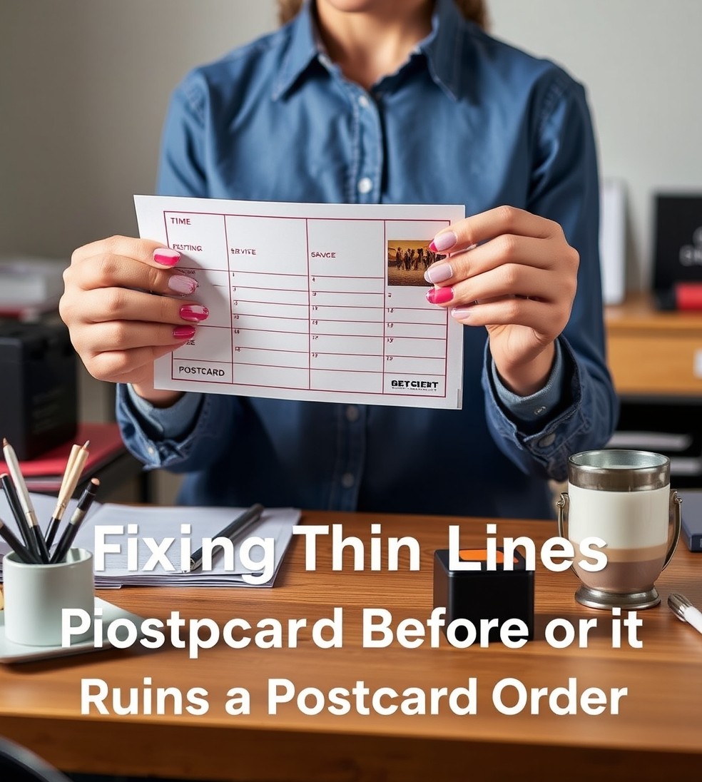 Fixing Thin Lines Disappearing On Postcards Before It Ruins a Postcard Order: a event planner holding a postcard proof beside relevant business props on a desk.