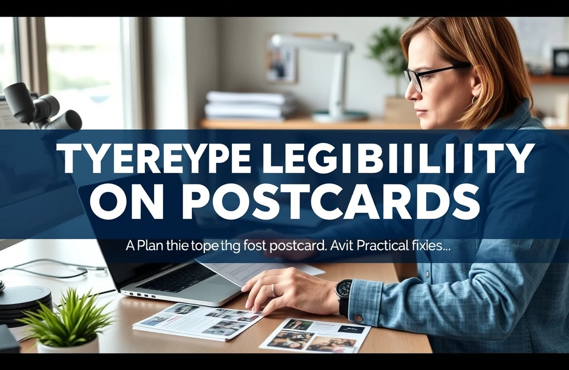 Reverse Type Legibility On Postcards Problems Explained With Practical Fixes: a event planner planning a direct mail postcard at a workstation with a laptop and sample cards.
