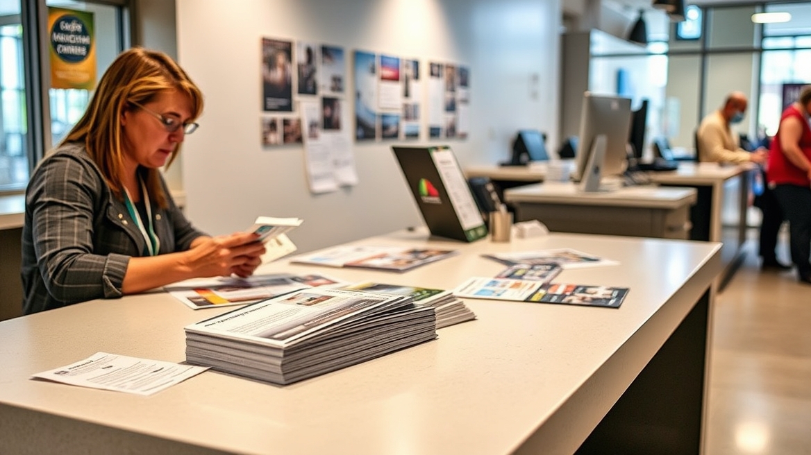 Reverse Type Legibility On Postcards Problems Explained With Practical Fixes: a event planner reviewing postcard samples on a clean counter with local campaign notes.