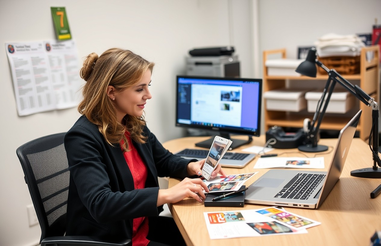 Mail Damage Prevention For Postcards: The Quality Control Guide for Better Postcards: a event planner planning a direct mail postcard at a workstation with a laptop and sample cards.