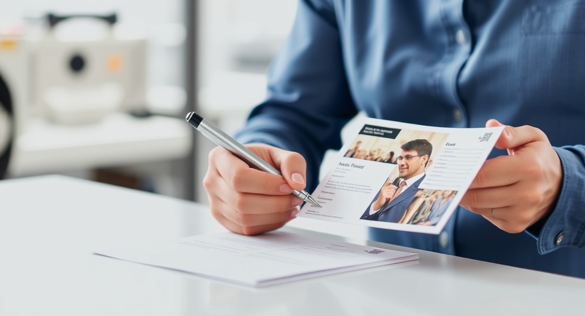 Fixing Proof Approval Workflows For Postcards Before It Ruins a Postcard Order: a event planner checking a postcard mockup with a pen and paper notes.