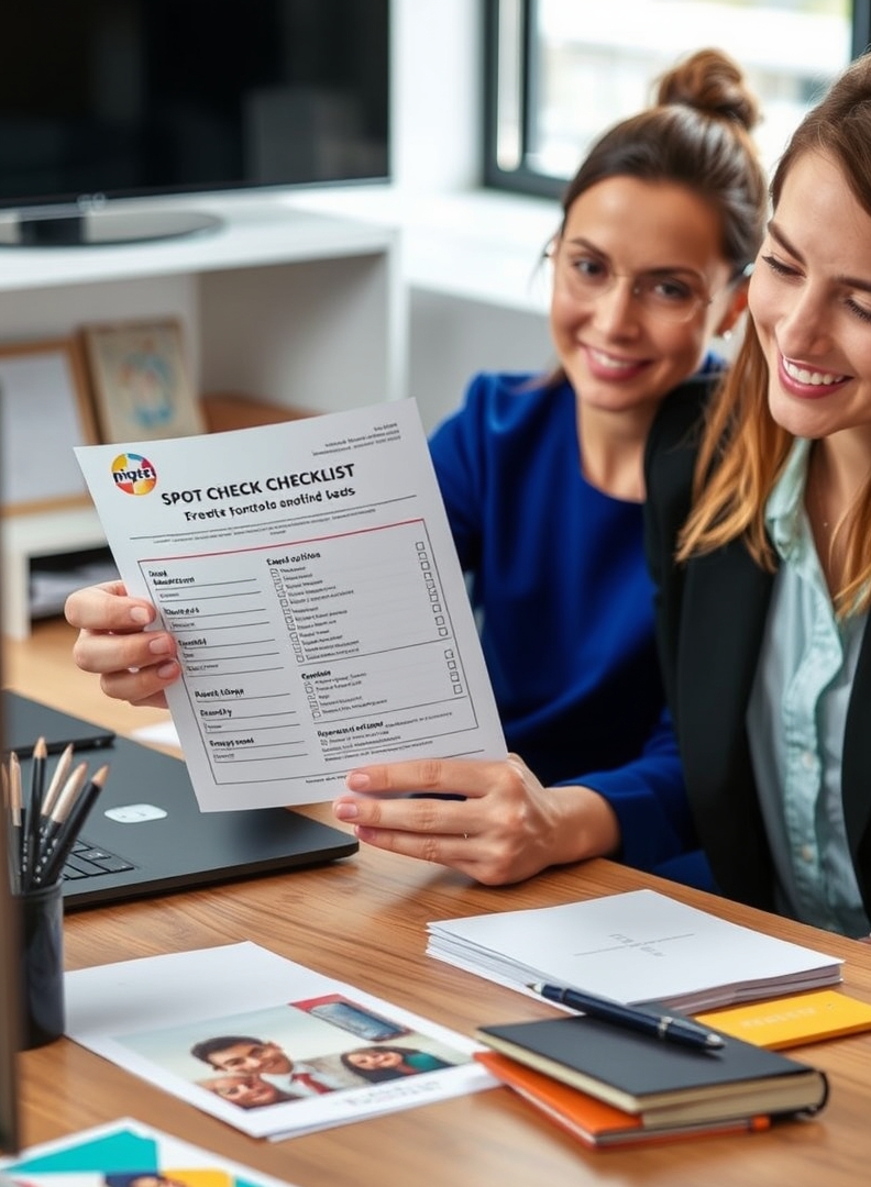 Spot Check Checklists When Postcards Arrive: The Quality Control Guide for Better Postcards: a event planner holding a postcard proof beside relevant business props on a desk.