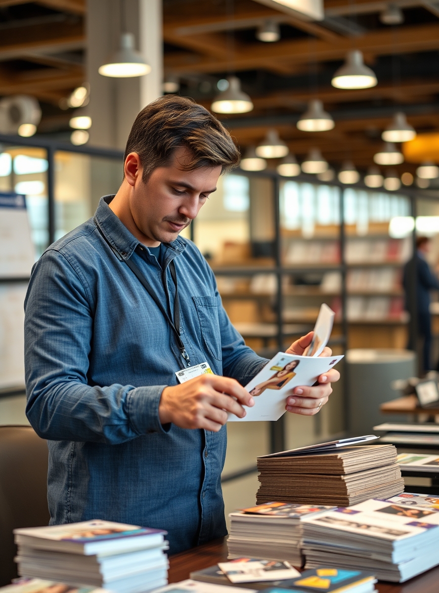 Fixing Refund Or Reprint Evidence For Postcards Before It Ruins a Postcard Order: a event planner arranging postcard samples near the business setting.