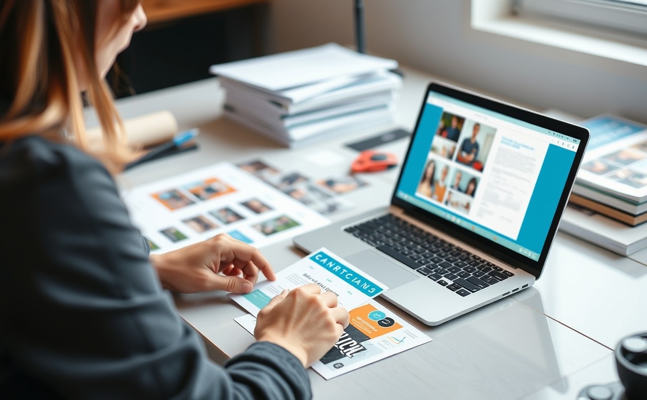 Troubleshooting Canva Export Problems On Postcards Problems Explained With Practical Fixes: a event planner planning a direct mail postcard at a workstation with a laptop and sample cards.