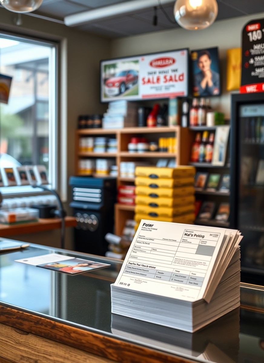 How to Use Neighborhood Specific Copy On Postcards Without Making the Campaign Messy: a local shop counter next to a finished postcard order.
