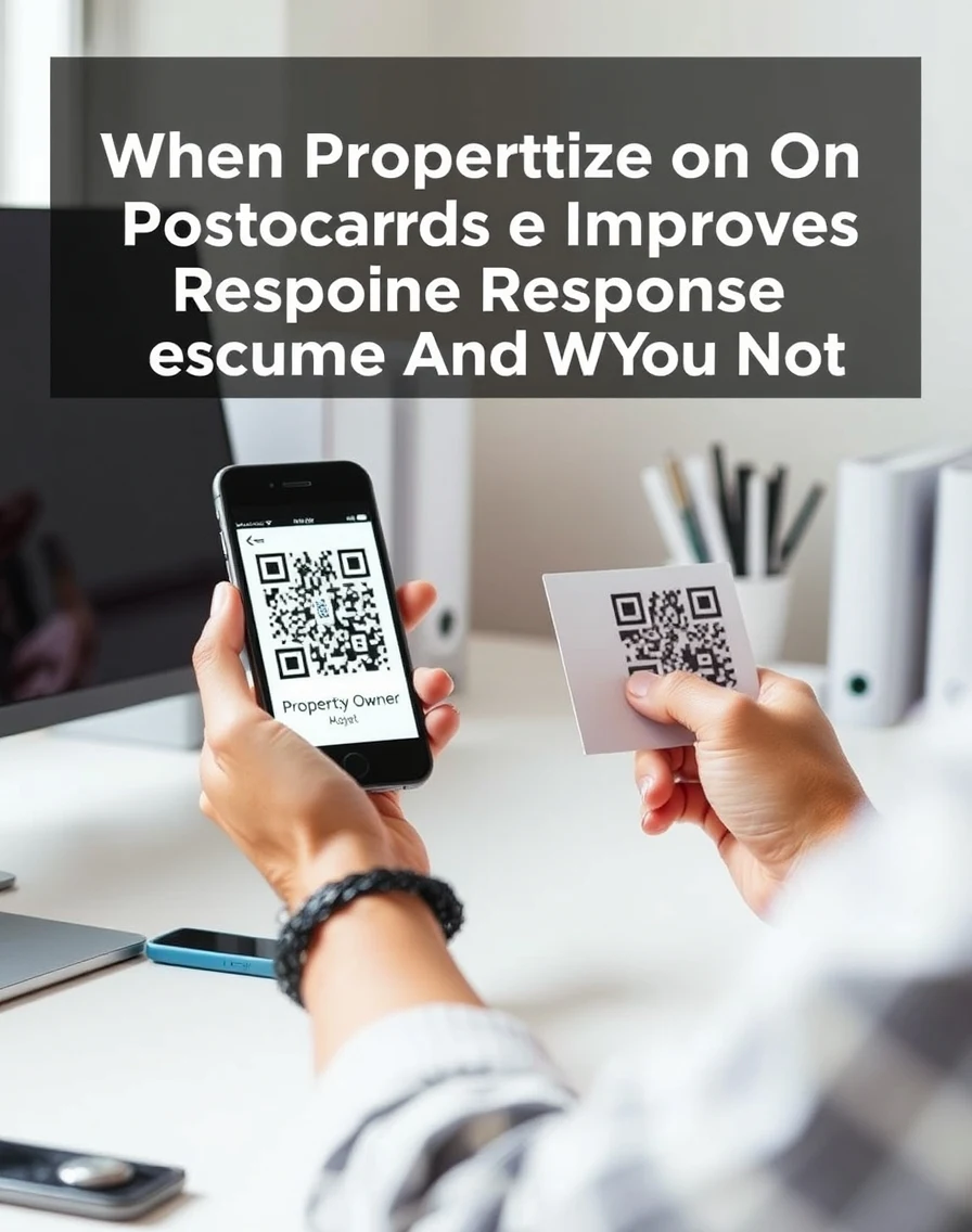 When Property Owner Personalization On Postcards Improves Response And When It Does Not: a hand scanning a postcard QR code with a phone in a clean desk scene.