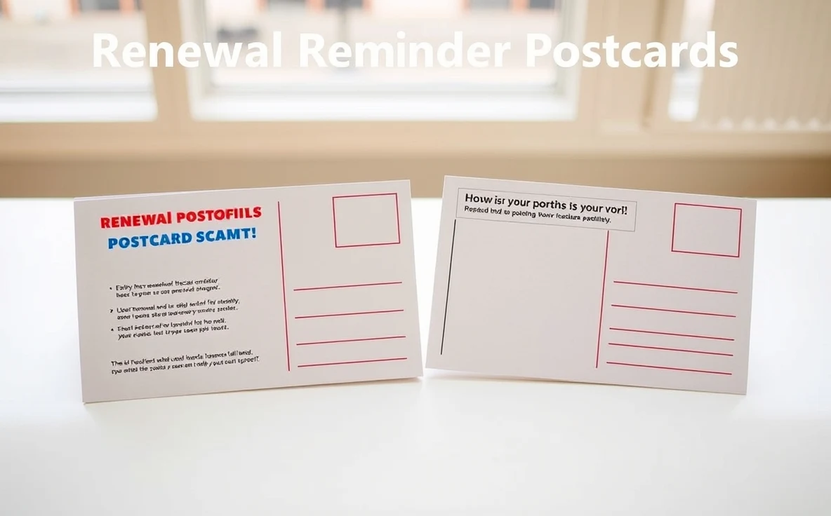 Renewal Reminder Postcards: The Personalization Strategy That Makes Postcards Smarter: a split-view comparison of postcard options on a bright tabletop.