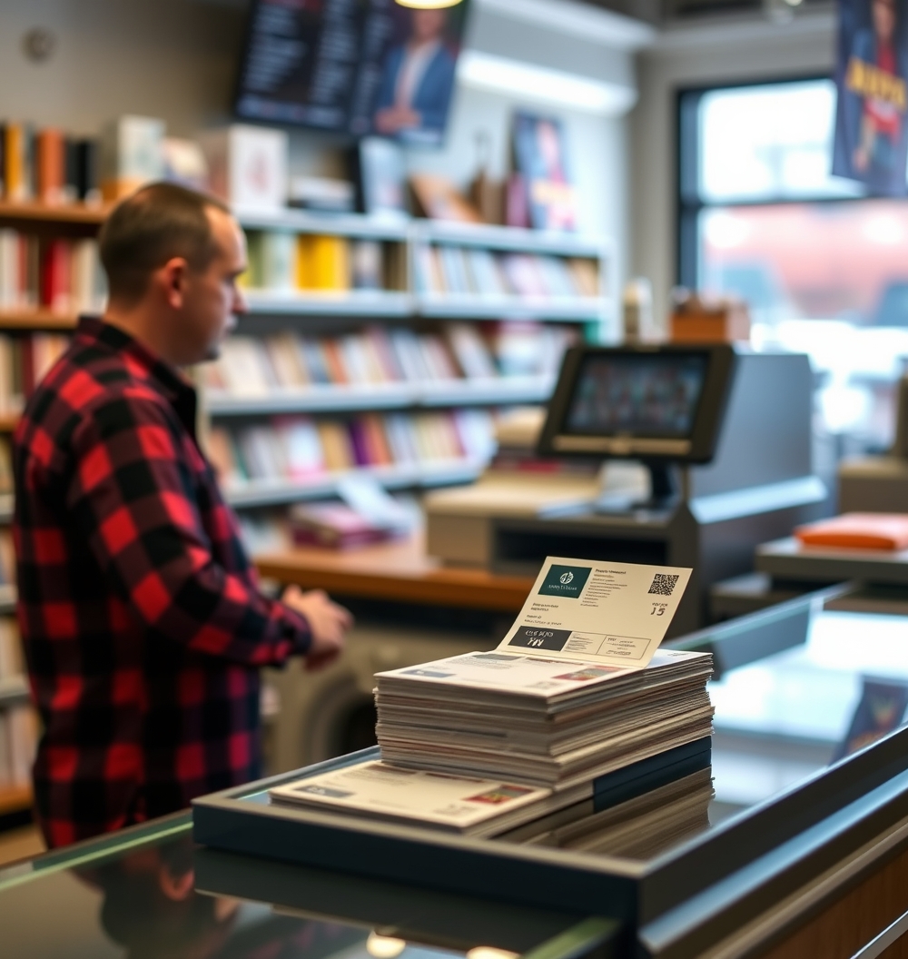 Renewal Reminder Postcards: The Personalization Strategy That Makes Postcards Smarter: a local shop counter next to a finished postcard order.