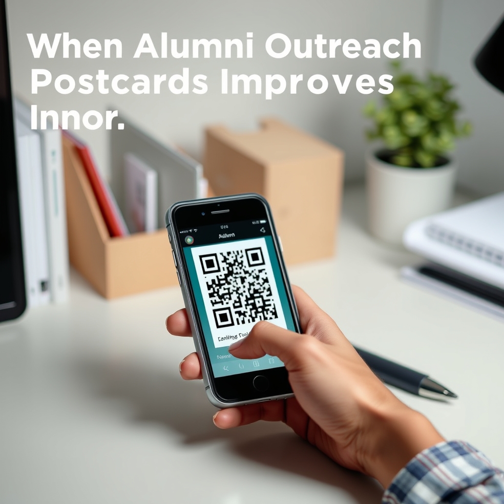 When Alumni Outreach Postcards Improves Response And When It Does Not: a hand scanning a postcard QR code with a phone in a clean desk scene.