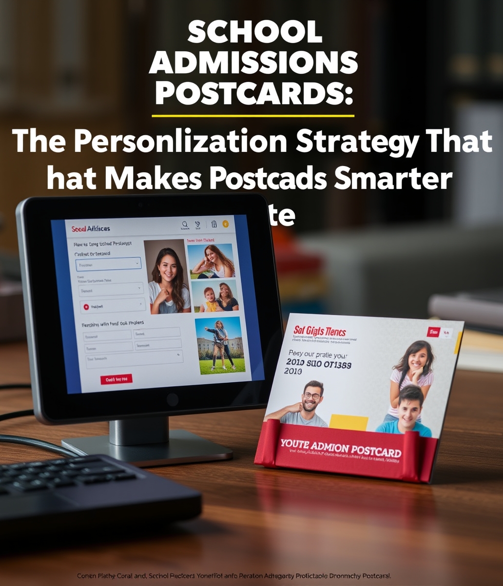 School Admissions Postcards: The Personalization Strategy That Makes Postcards Smarter: an online ordering screen beside a printed postcard sample.