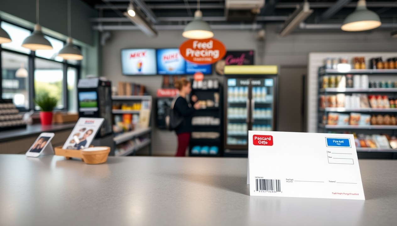 How to Use Franchise Location Personalized Postcards Without Making the Campaign Messy: a local shop counter next to a finished postcard order.