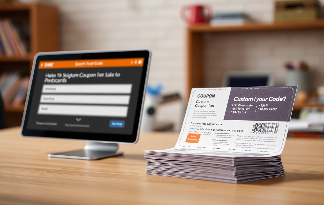 How to Use Custom Coupon Codes On Postcards Without Making the Campaign Messy: an online ordering screen beside a printed postcard sample.