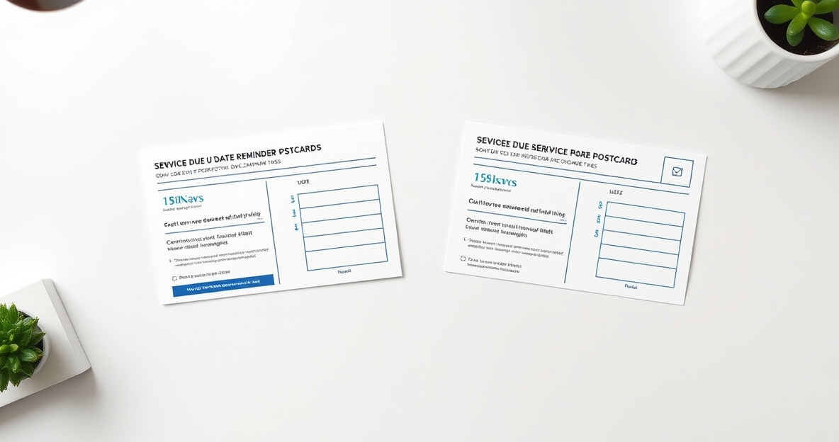 How to Use Service Due Date Reminder Postcards Without Making the Campaign Messy: two postcard layouts compared on a clean neutral desk.