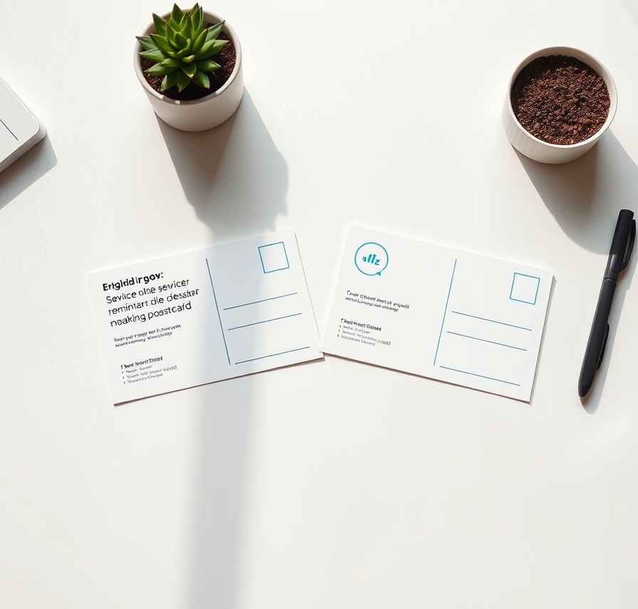 How to Use Service Due Date Reminder Postcards Without Making the Campaign Messy: a split-view comparison of postcard options on a bright tabletop.