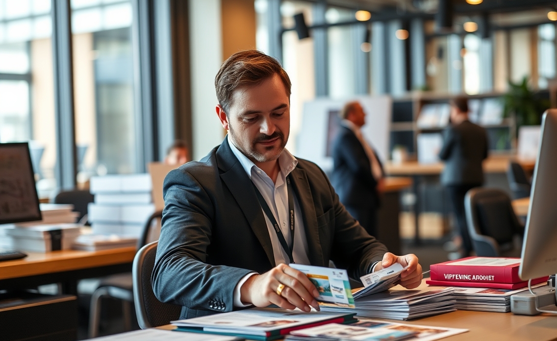VIP Event Code Postcards: The Personalization Strategy That Makes Postcards Smarter: a event planner arranging postcard samples near the business setting.