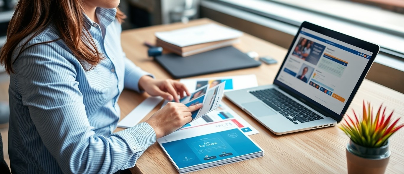 VIP Event Code Postcards: The Personalization Strategy That Makes Postcards Smarter: a event planner planning a direct mail postcard at a workstation with a laptop and sample cards.