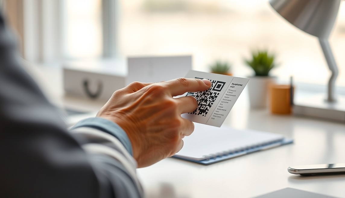 When List Segmentation Strategy For Postcards Improves Response And When It Does Not: a hand scanning a postcard QR code with a phone in a clean desk scene.