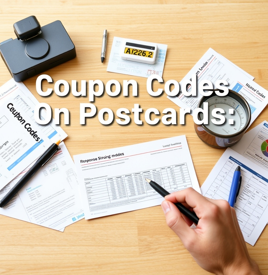 Coupon Codes On Postcards: The Tracking Guide for Measurable Postcard ROI: a response-measurement workspace with postcards, notes, and analytics cues.