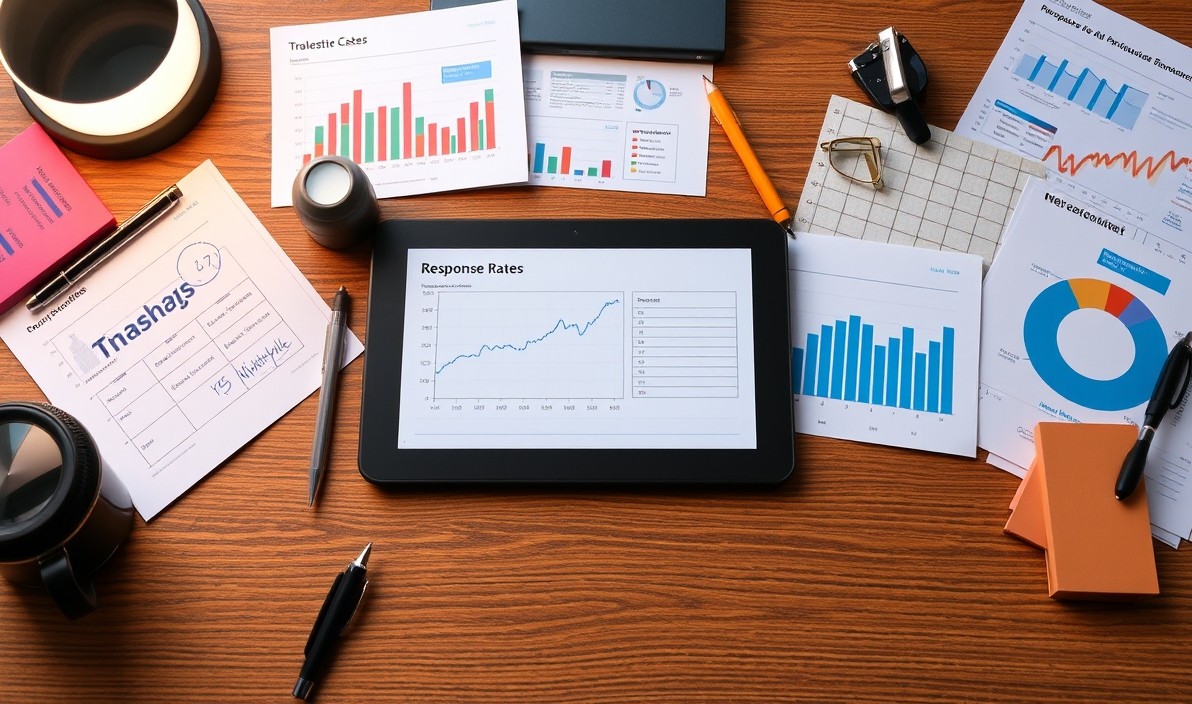 Response Rate Benchmarks For Postcards for Better Postcard Reporting and Optimization: a response-measurement workspace with postcards, notes, and analytics cues.