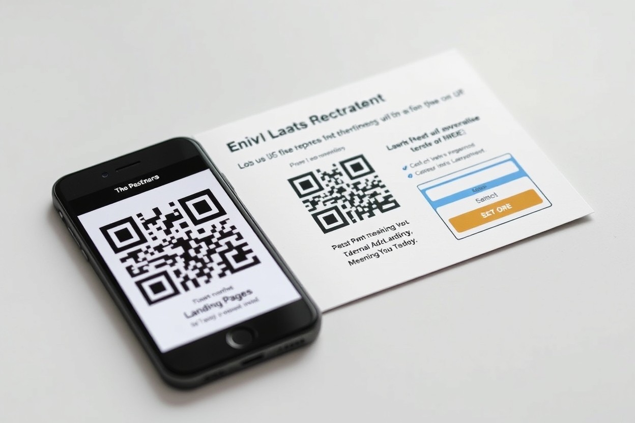 Response Rate Benchmarks For Postcards for Better Postcard Reporting and Optimization: a postcard with a QR code beside a smartphone showing a landing page concept.