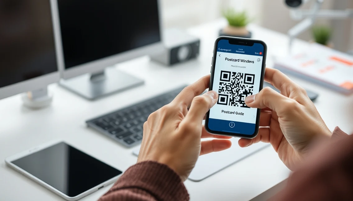 Attribution Windows For Postcard Campaigns: The Tracking Guide for Measurable Postcard ROI: a hand scanning a postcard QR code with a phone in a clean desk scene.