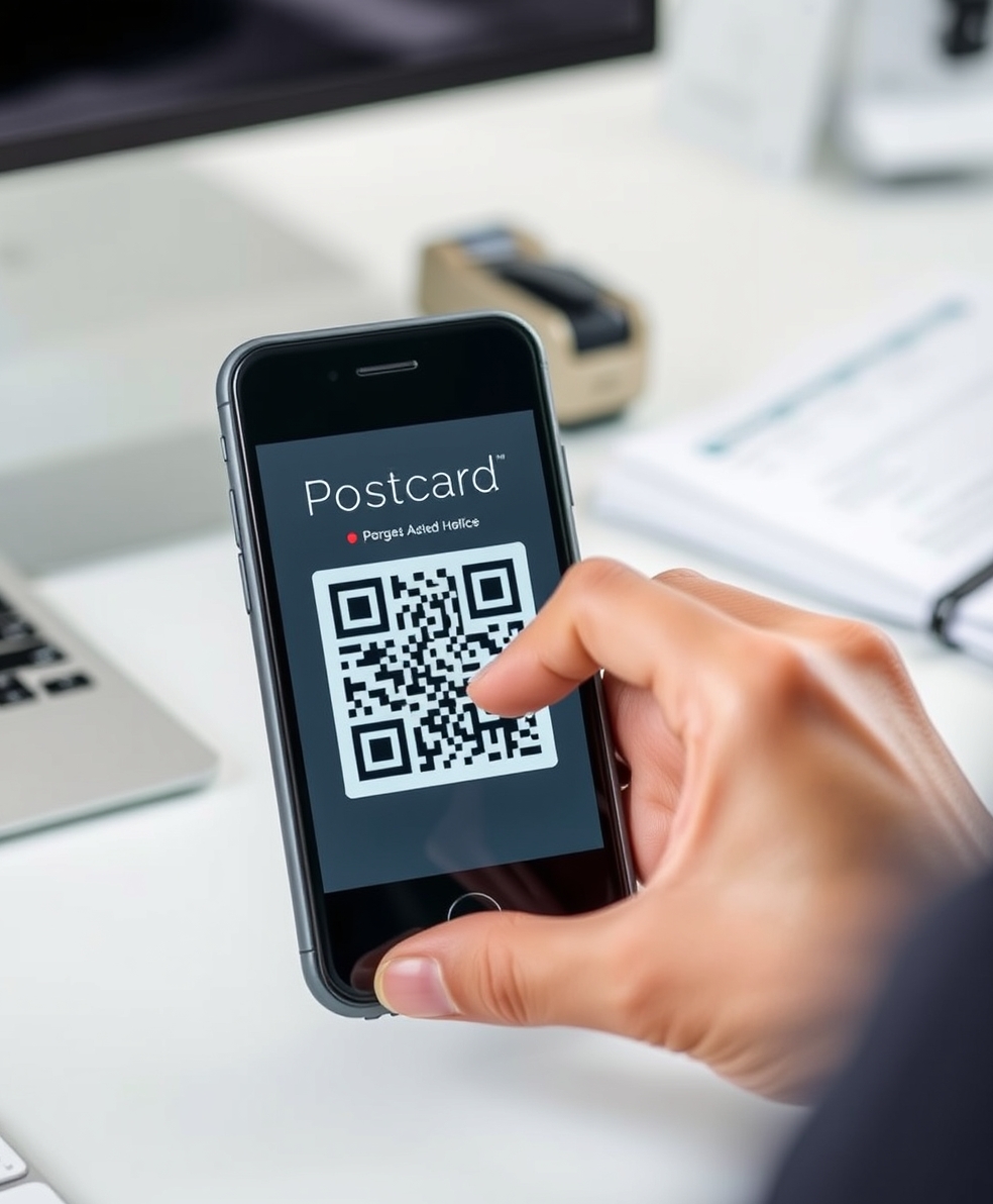 Scan Vs Call Behavior On Postcards: The Tracking Guide for Measurable Postcard ROI: a hand scanning a postcard QR code with a phone in a clean desk scene.