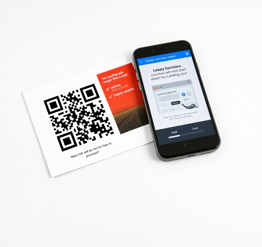 How to Measure UTM Tracking For Postcards Without Fuzzy Attribution: a postcard with a QR code beside a smartphone showing a landing page concept.